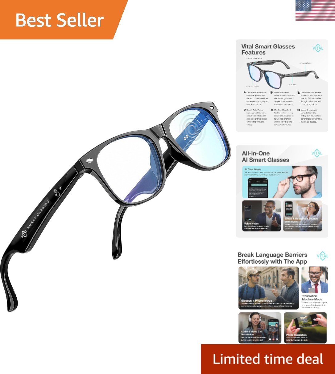 Vital Smart Glasses AI Translation Bluetooth 5.3 Open-Ear Audio Glasses