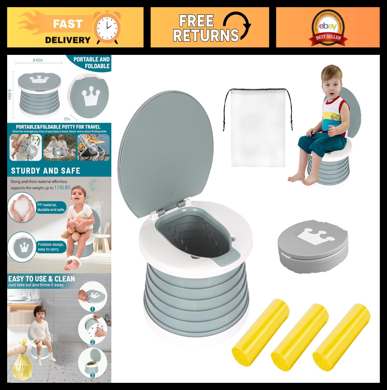 Portable Foldable Toddler Potty Seat - Training Toilet for Car, Camping, Indoor
