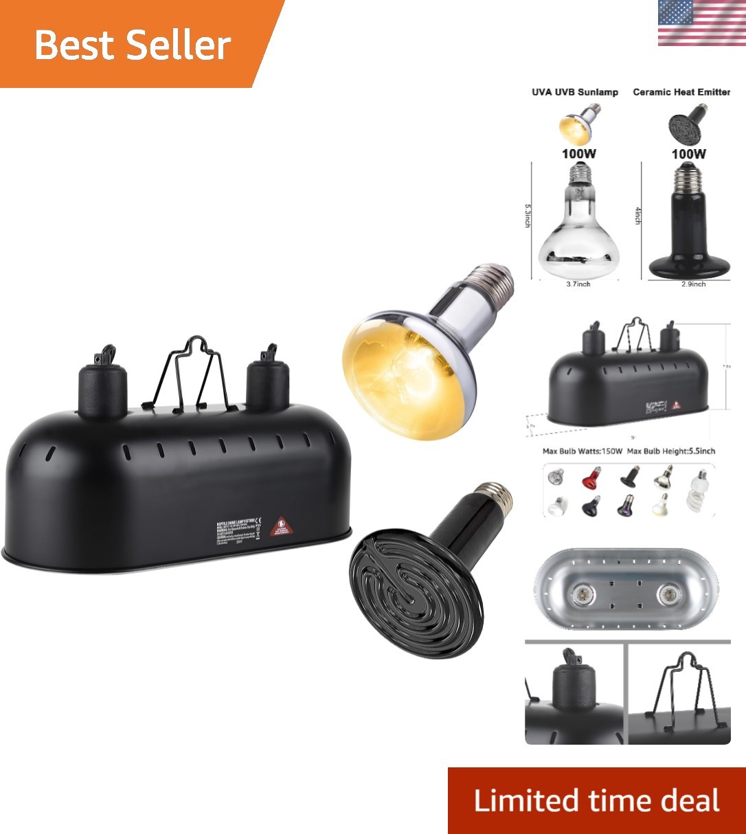 Efficient 15-Inch Dual Reptile Lighting Solution with UVA UVB & Infrared Heating