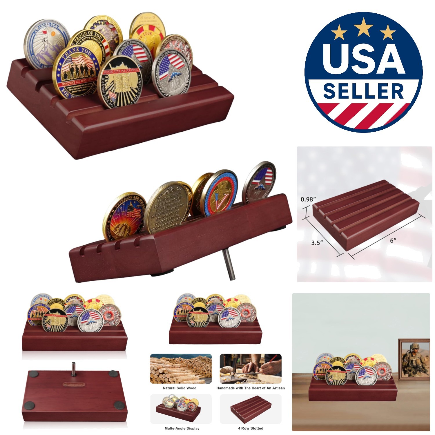Elegant Solid Wood Challenge Coin Display Holder - 4 Rows for 10-12 Coins