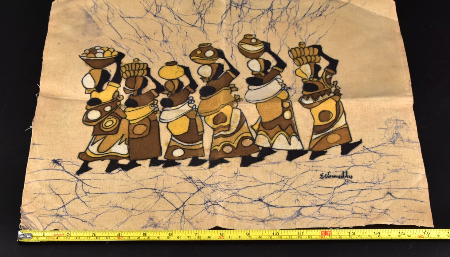 African Batik Cloth Painting Folk Art Women Carrying Pots Signed S NAMUDDU 16x13
