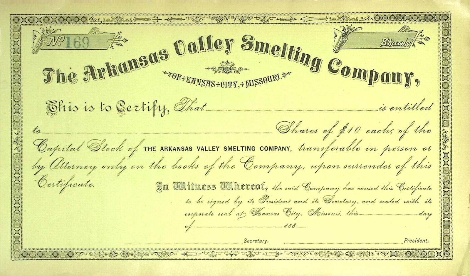 Vintage Arkansas Valley Smelting Company Stock Certificate Kansas City Missouri
