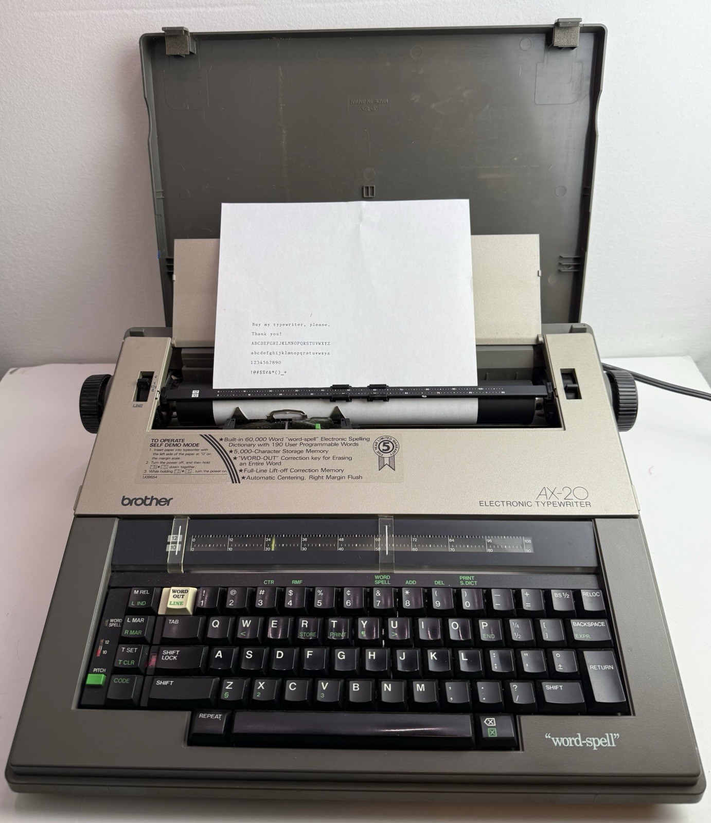 VTG Brother AX-20 Word-Spell Electronic Typewriter Gray & Black w/Cover *Tested*