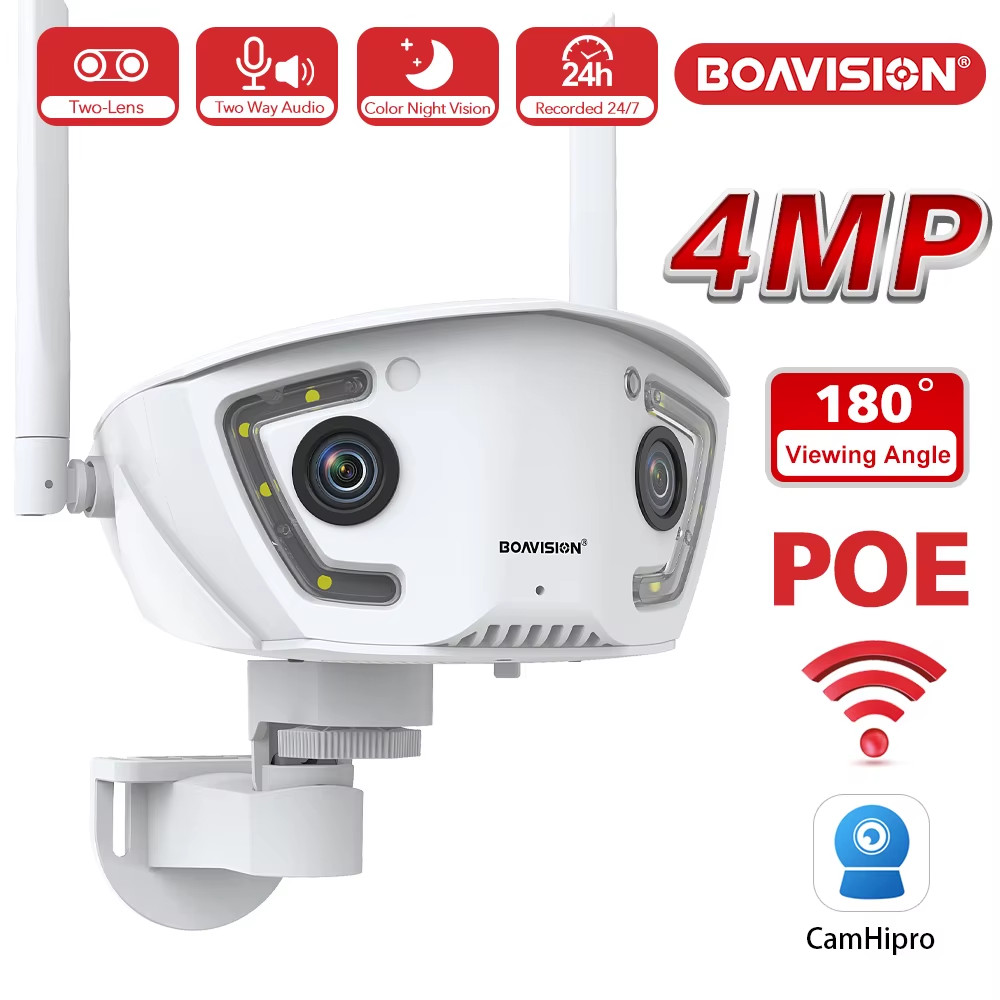 Wifi Surveillance Camera Outdoor 4MP POE Dual Lens 180° Ultra Wide Angle AI Huma