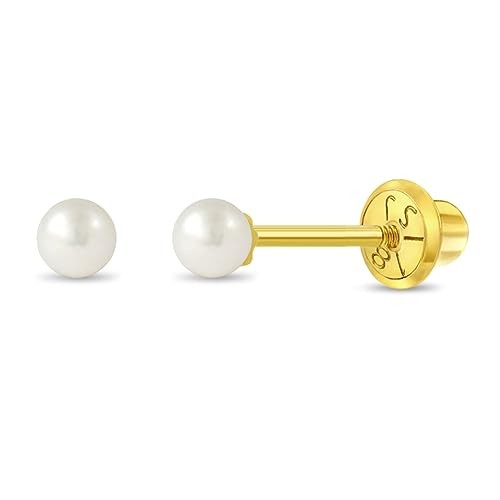  18k Yellow Gold Classic Freshwater Cultured Pearl Kids Earrings - Earrings 3mm