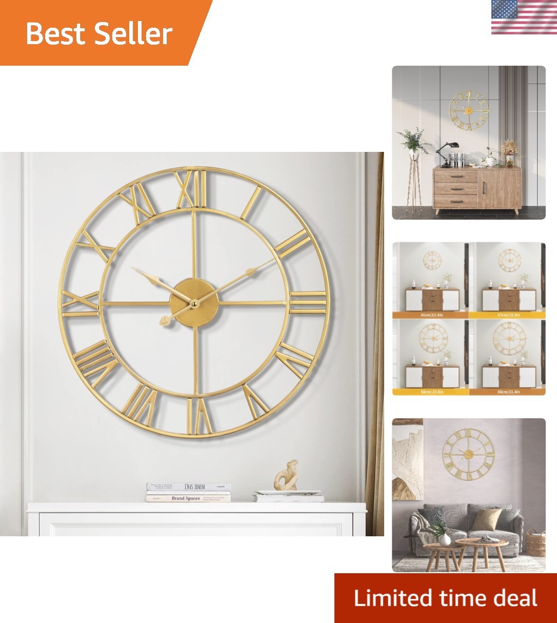 Large Wall Clock Silent Non-Ticking Roman Numerals Vintage Battery Operated 2...