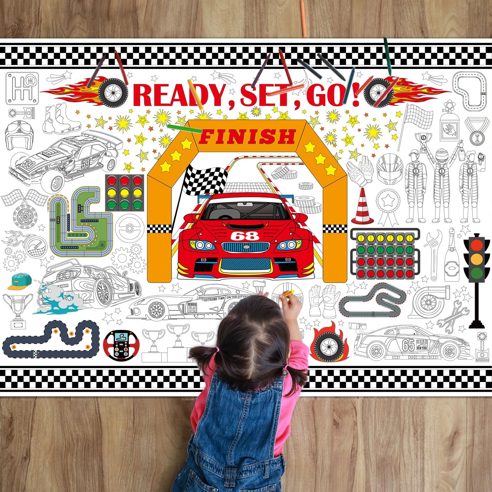 Race Car Large Coloring Poster Giant Racing 43.3"L x 31.4"W, Colorful 