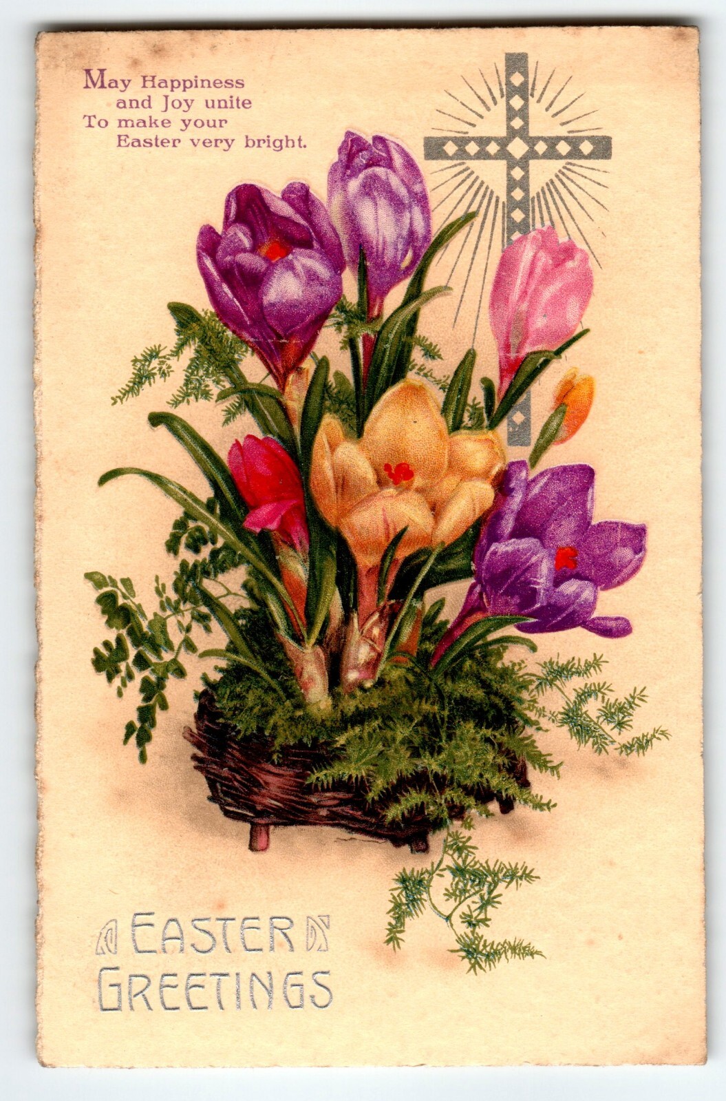 Easter Greetings Postcard 1910's Tulip Flowers Happiness Joy Unite Holy Cross