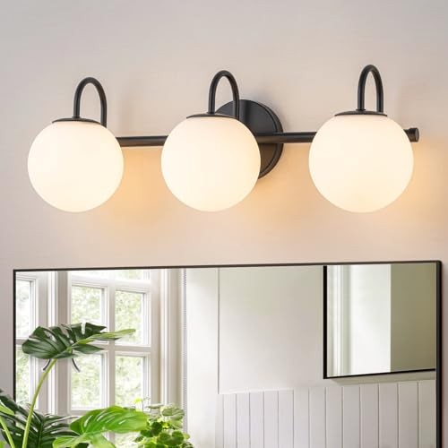 Milk Glass Vanity Light, 22.6" Modern Bathroom Light Fixtures Mid 3-Light Black