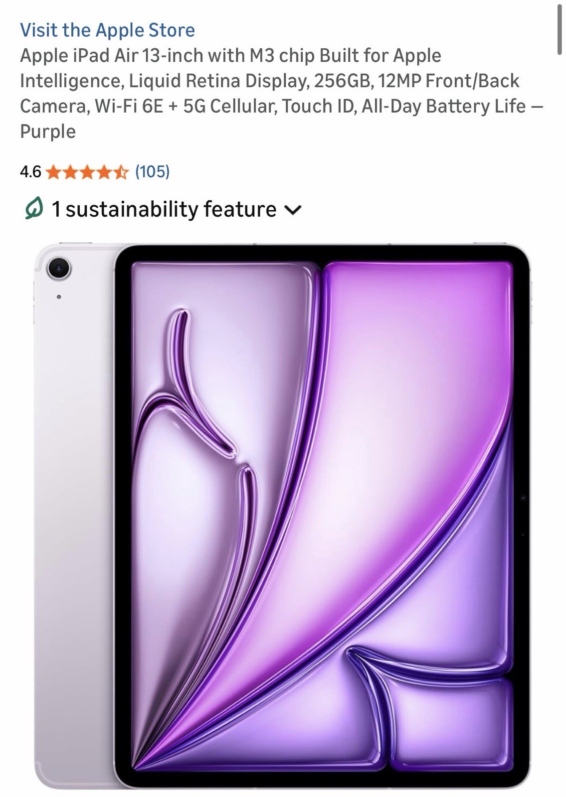 Apple iPad Air 13” — M3 Chip — Liquid Retina — 256GB — Purple — Wi-Fi + 5G