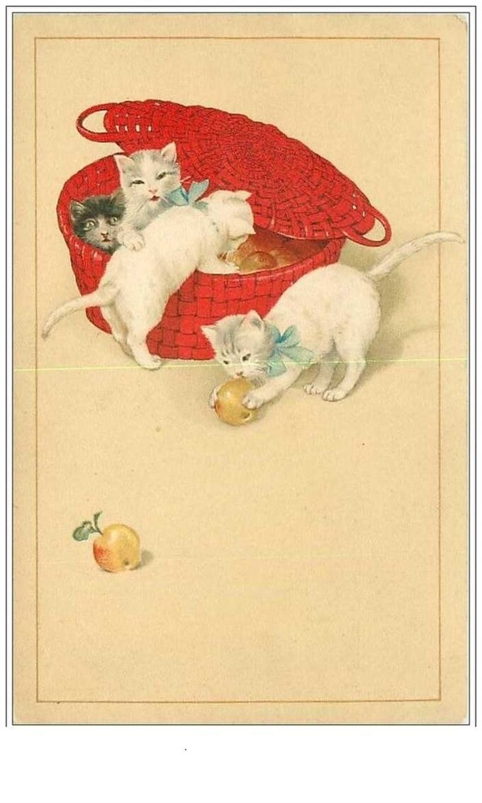 Cats No. 1303 Playing Kittens With Fruits From A Red Basket