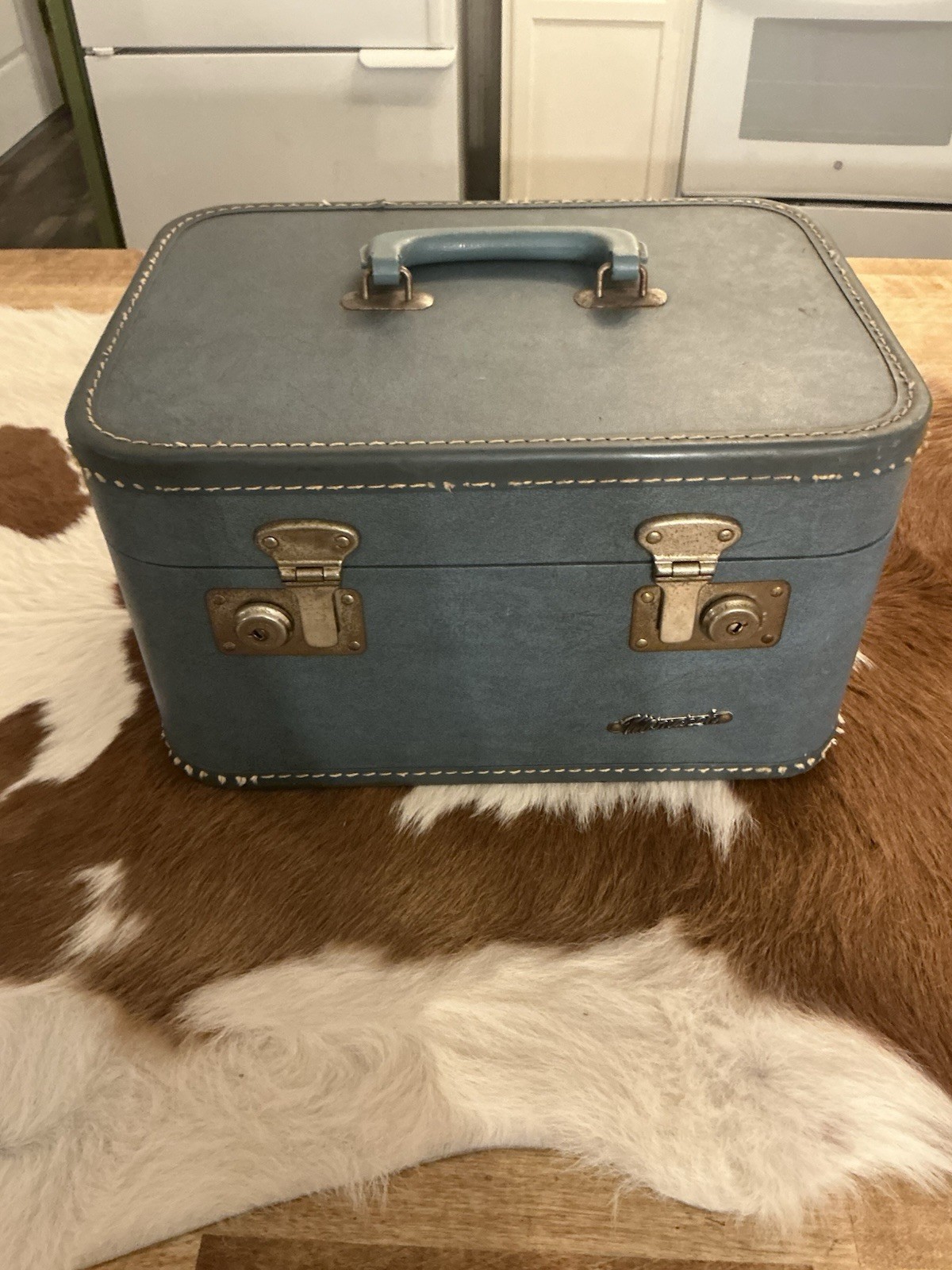 Vtg Monarch Train Case Cosmetic Makeup Luggage Suitcase Travel Bag Blue Rare USA