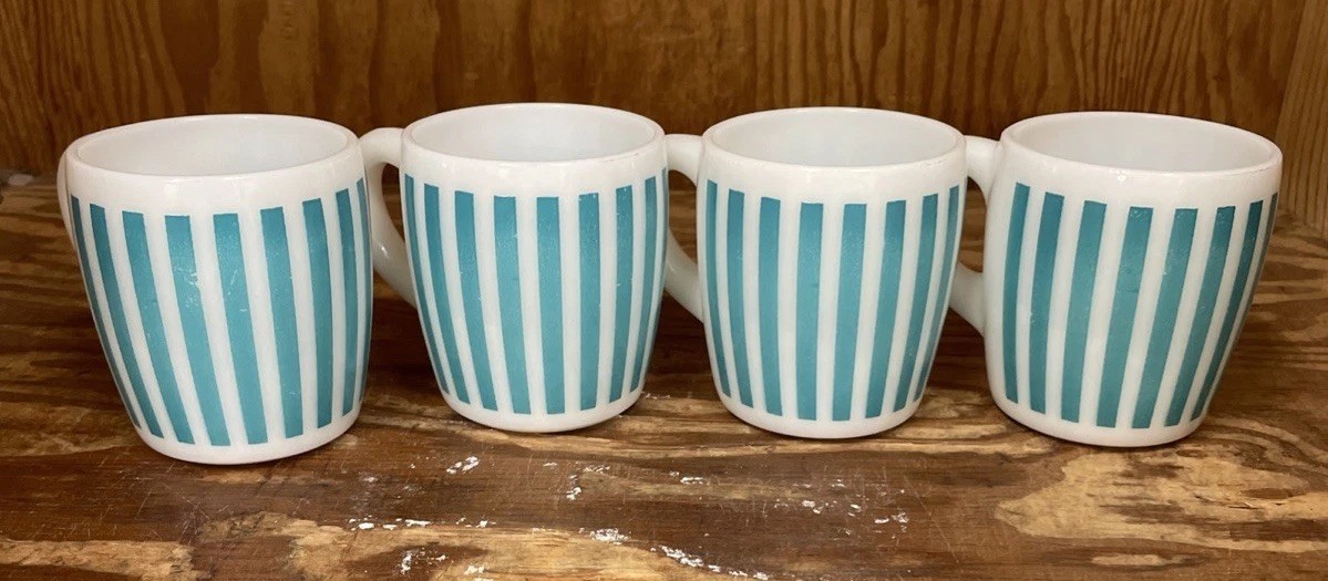 Vintage Hazel Atlas Turquoise Candy Striped White Milk Glass Mugs MCM Set of 4
