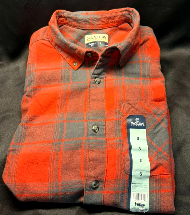 Magellan Outdoors Men's Small Canyon Creek Flannel Shirt Red Ochre/Dark Shadow