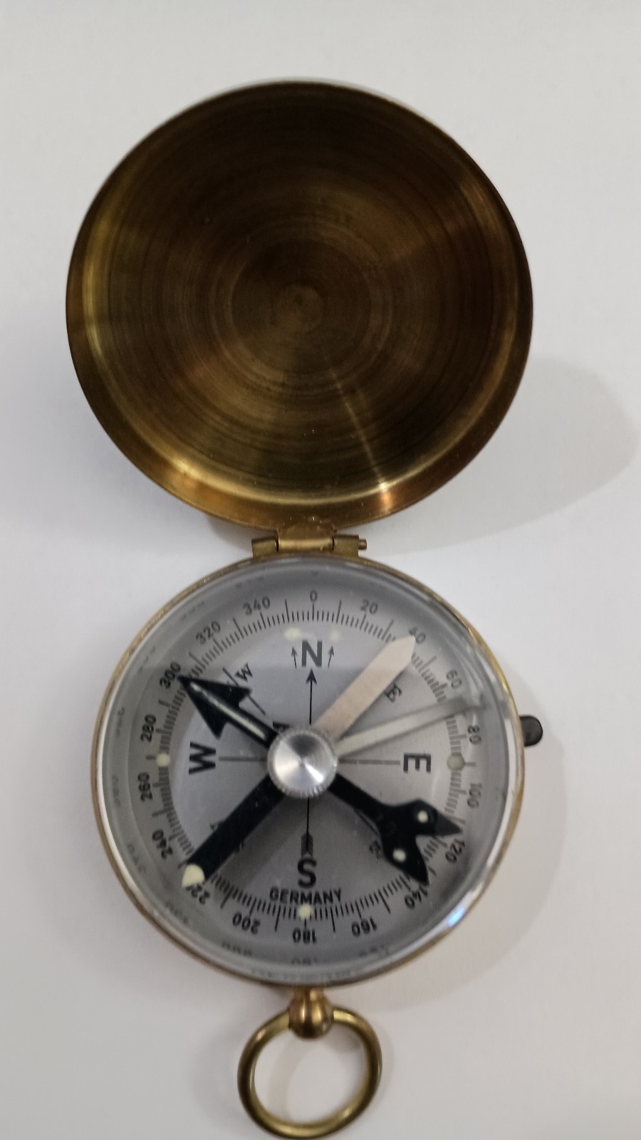 Vintage German Compass Brass Case Silver Face Night Florescent Dots