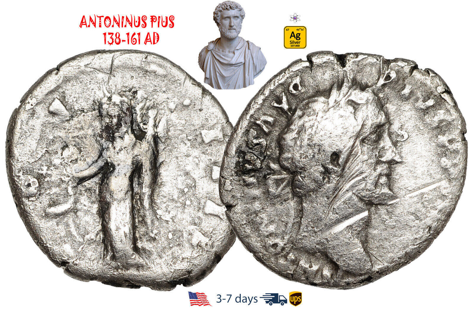 Ancient Roman Empire Coin Silver Denarius ANTONINUS PIUS 138-161 AD #30747