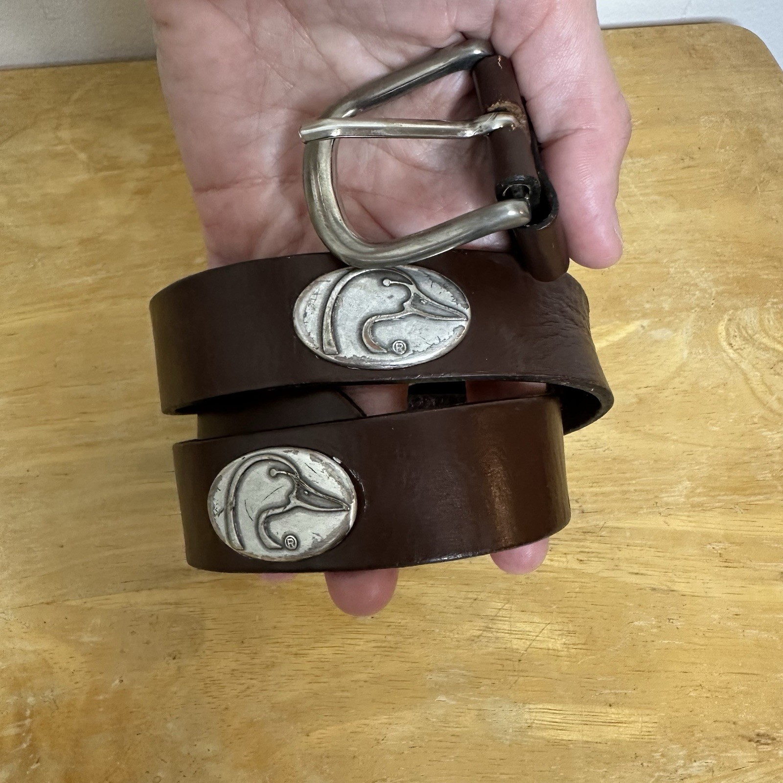 Genuine Leather Men’s Belt 35” Brown Silver Duck Head Medallions Western Hunting