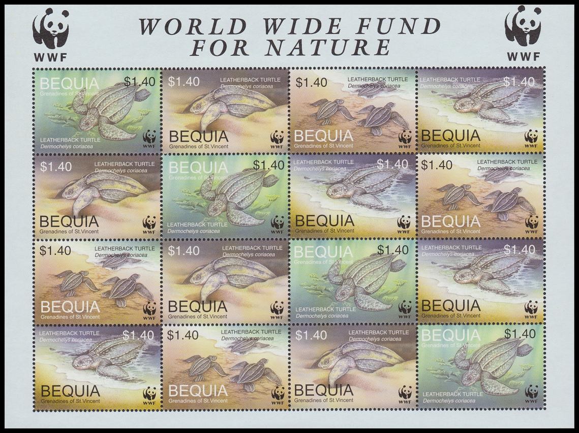 Bequia WWF Leatherback Turtle Sheetlet of 4 sets 2001 MNH MI#306-309 Sc#303 a-d