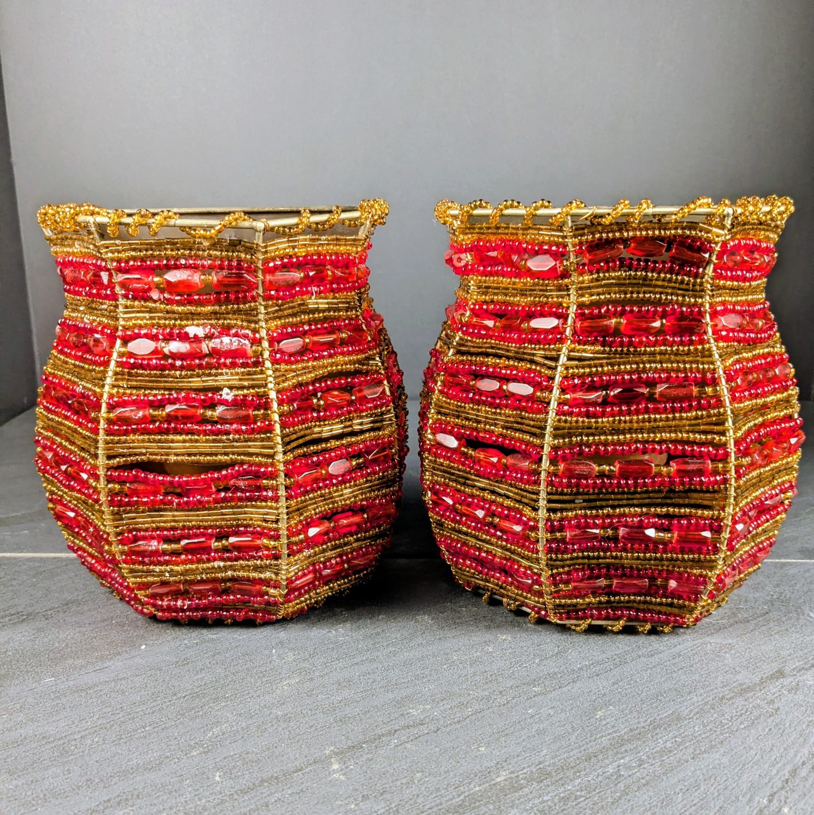 Red Gold Beaded Candle Sconces Bohemian Tea light Wall Hanging Candle Holders 