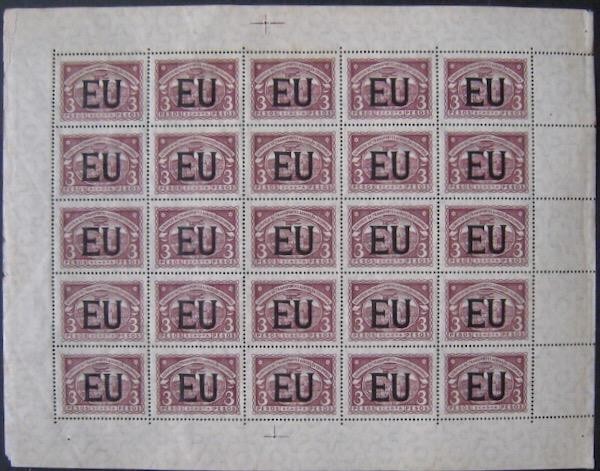 1923 Columbia 3 peso violet o/p 'EU' complete sheet, good MNH. Cat. $1875.