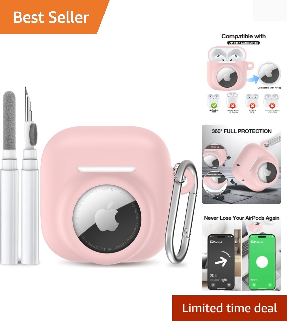 Waterproof 2-in-1 Pink Silicone Case for AirPods 4 & AirTag with Carabiner