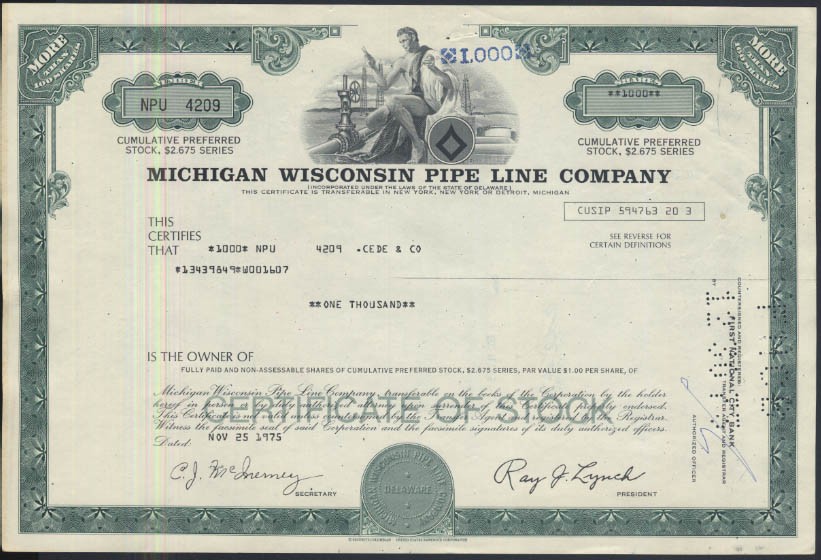 Michigan Wisconsin Pipe Line Company1000-share stock certificate 1975