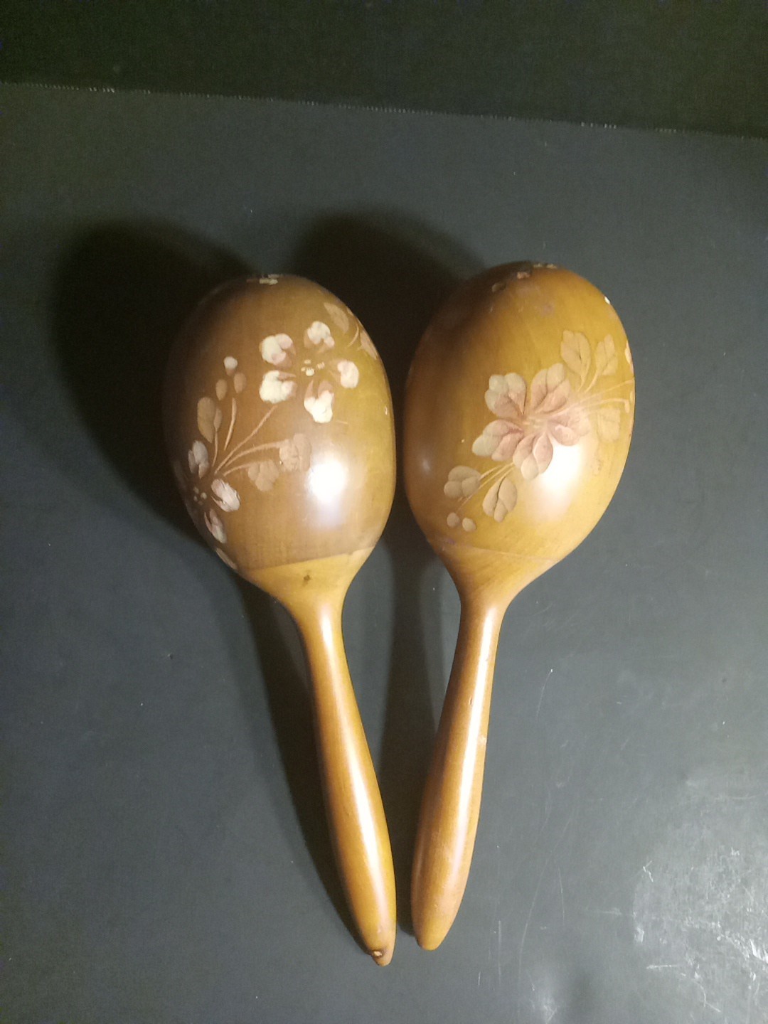 Vintage Set Of 2  Wooden Maracas Hand Carved Pink Flowers Shakers 10”