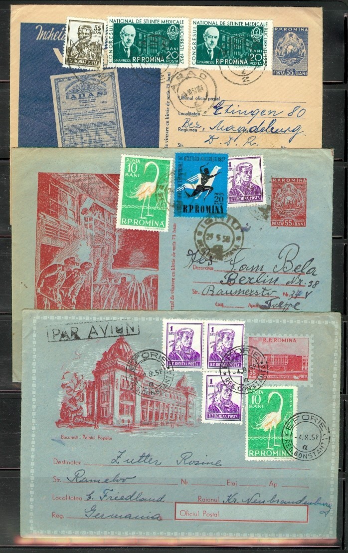 ROMANIA SEL OF 7 DIFF UPRATED STATIONARY ENVELOPES 1950's TO GERMANY