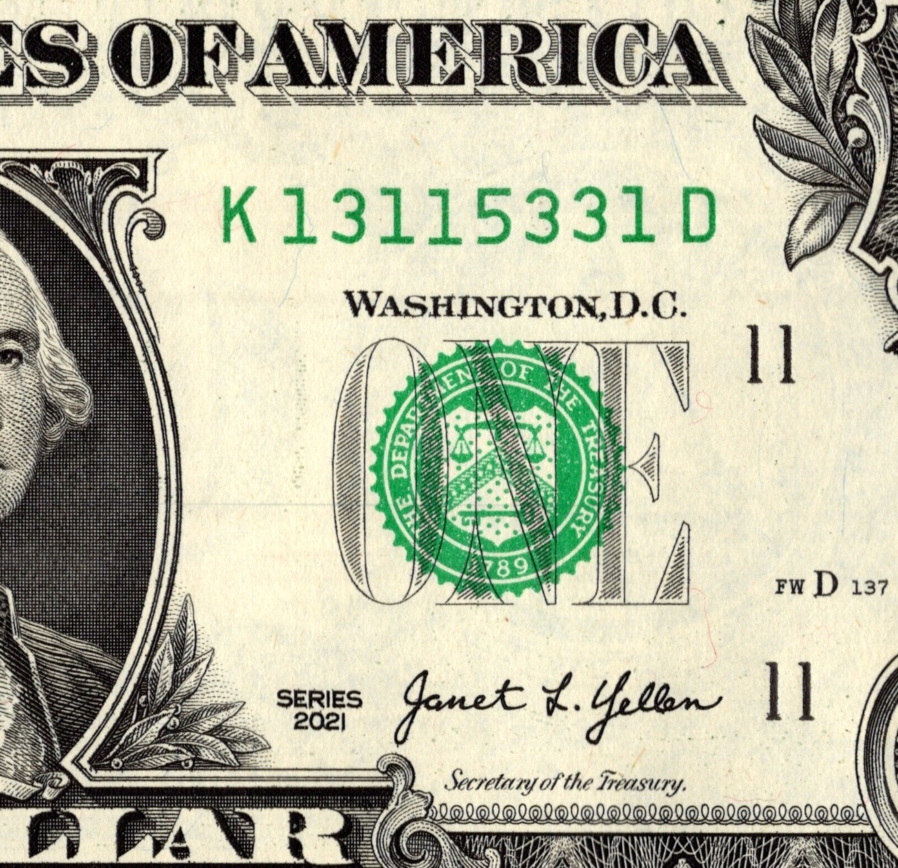 Trinary 1s 3s 5s Fancy Serial Number one Dollar Bill K13115331D