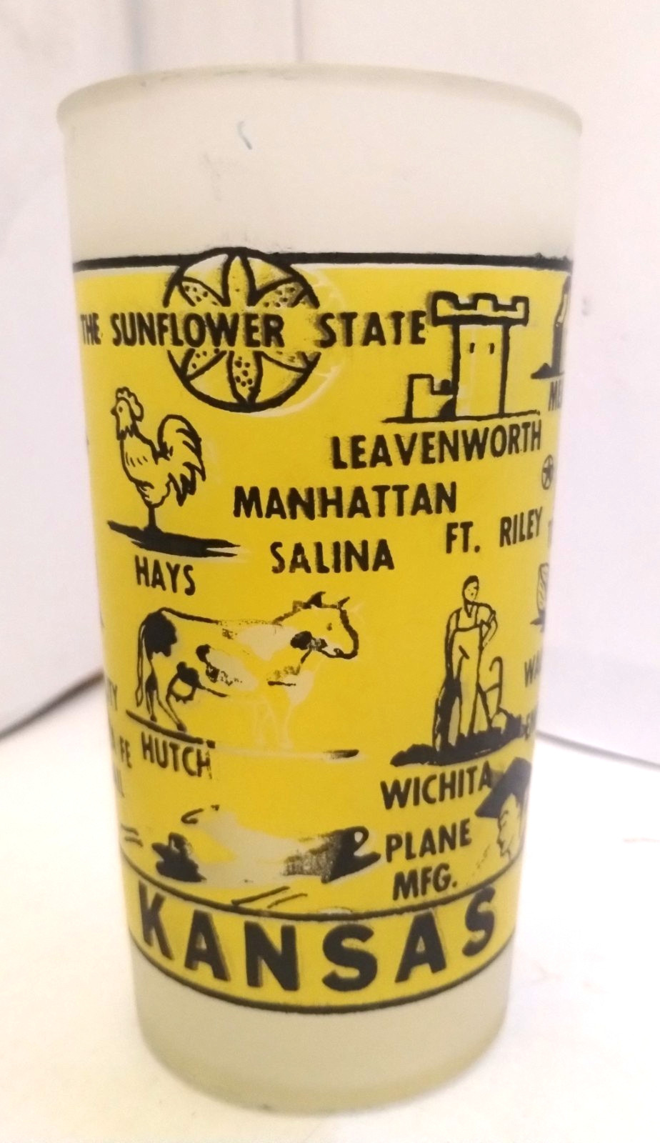 Vintage Frosted Glass Kansas Yellow 4.75" Tumbler Souvenir Collectors Glass.