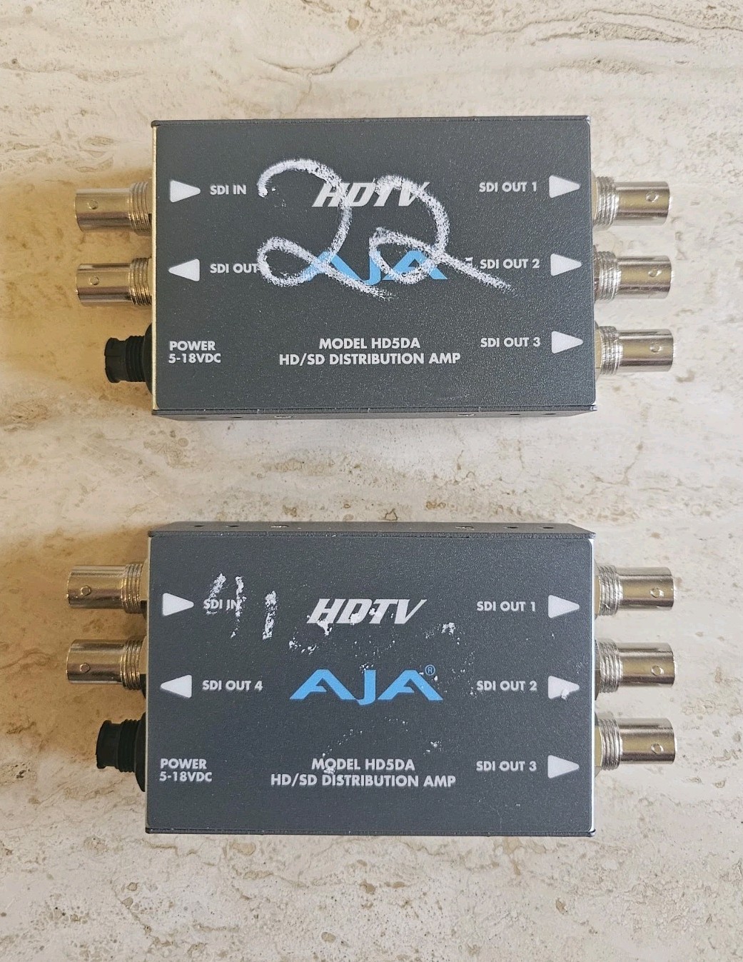(2) AJA HD5DA 1x4 HD/SD-SDI Distribution Amplifier/Repeater NO POWER SUPPLY