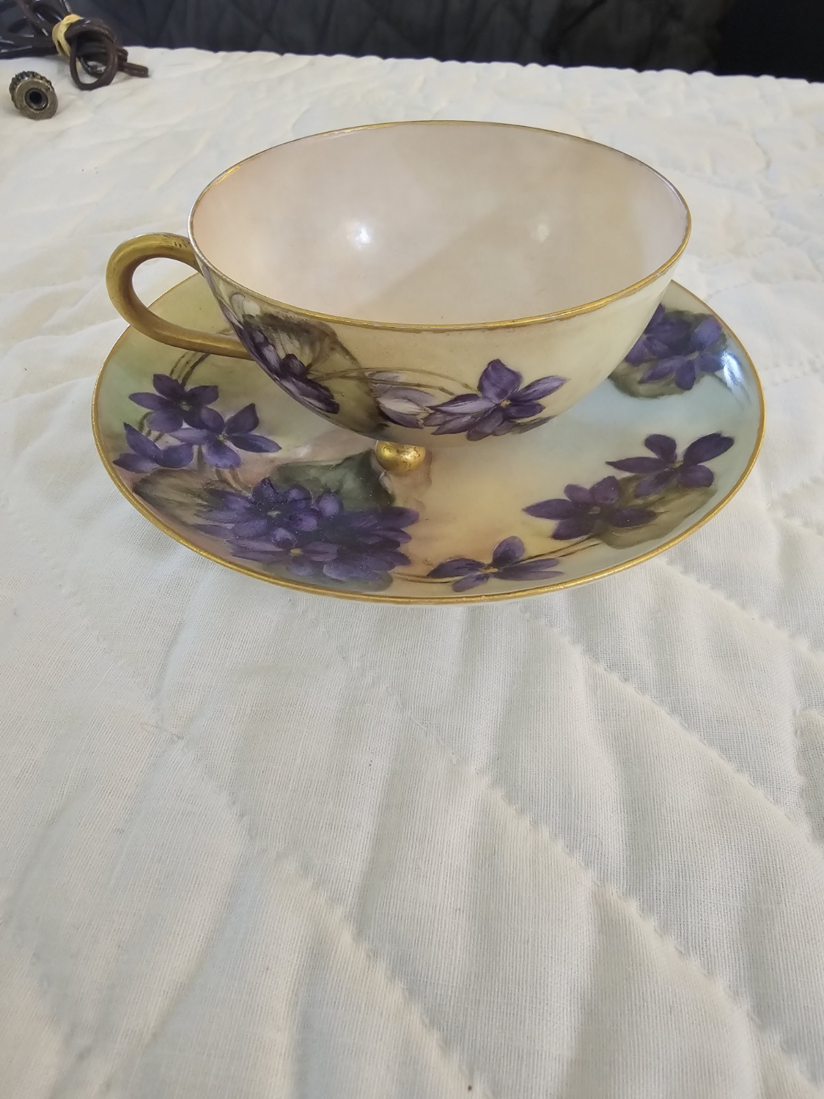 Haviland France Purple Floral Porcelain Cup & Saucer Gold Glossy Finish