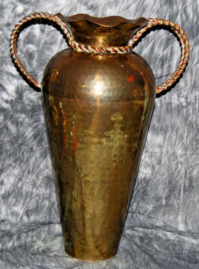 Vintage 17.5" Hammered Brass Vase With Braided Rope Handles AMAZING PATINA