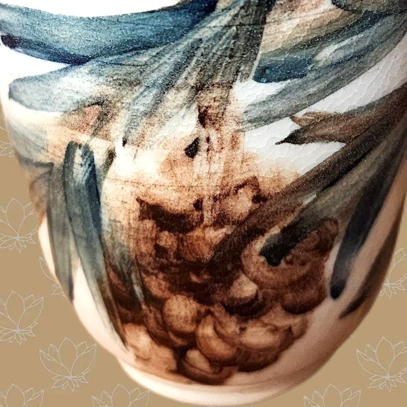 Artist Signed Pinecone Pottery Vase Hand Painted Studio Art Greens Browns 5 Inch