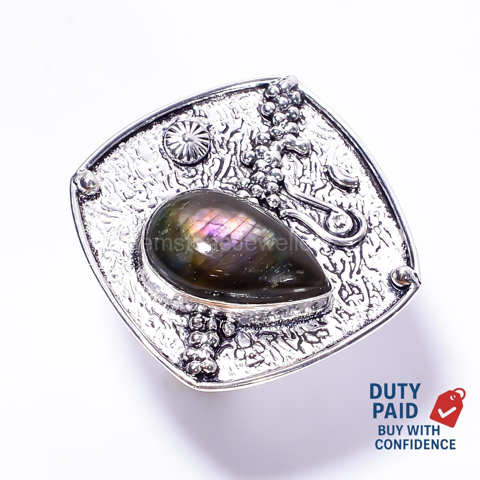 Genuine Labradorite Sterling Silver Handcrafted Vintage Art Deco Ring Size 8.5