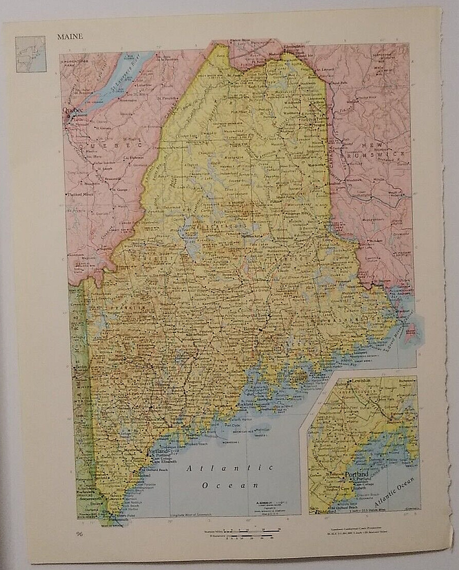 1960's Vintage MAINE Atlas Map - Old Antique Rand McNally World Atlas
