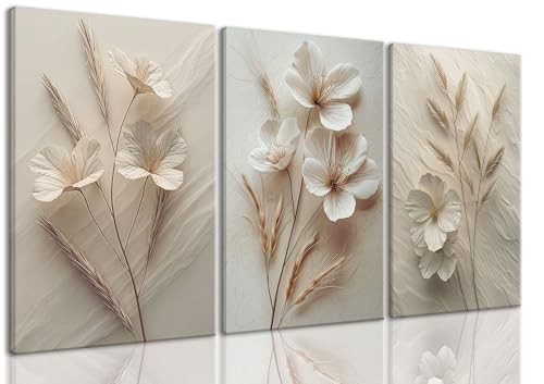 TUEASKY 3 Piece Canvas Wall Art Flower Wall 12x16in Beige flower Wrapped Canvas