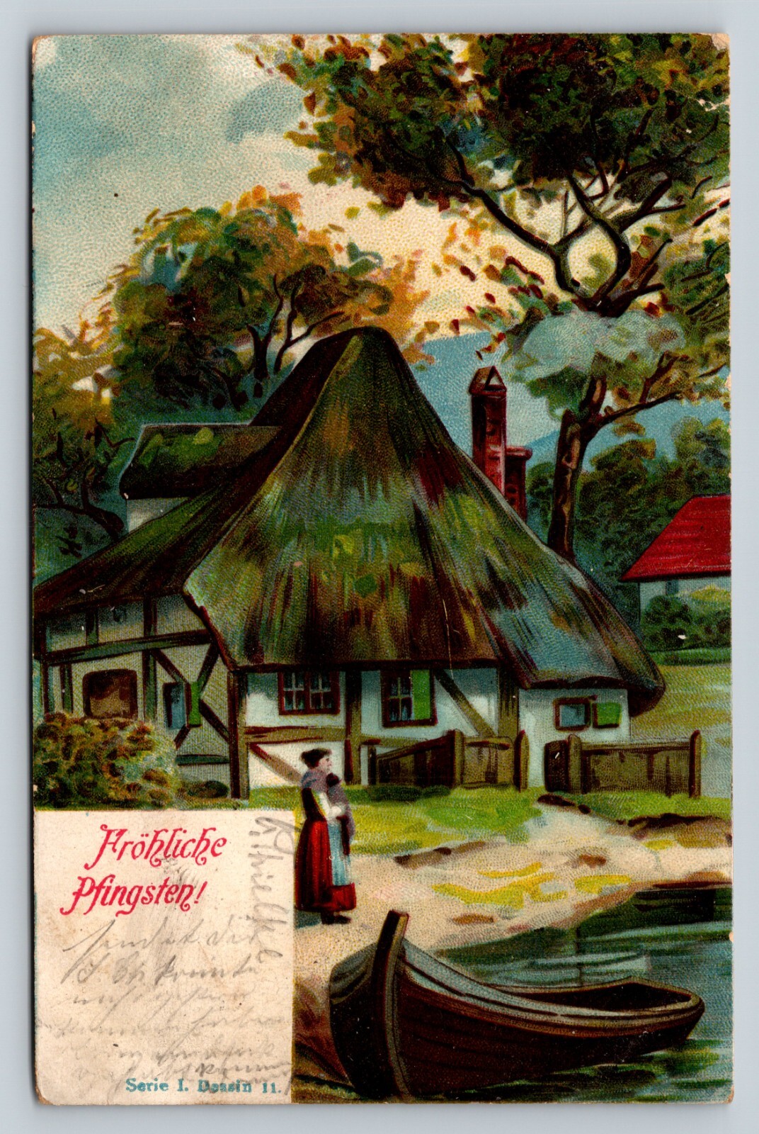 c1901 Happy Pentecost Woman Stands Near Cottage by the Water ANTIQUE Postcard