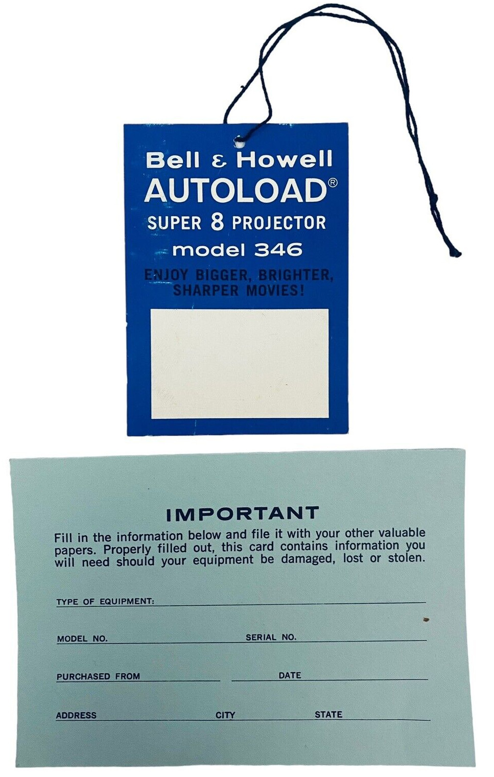 Bell & Howell Super 8 Model 346 autoload super 8 TAG & SERVICE WARRANTY CARD