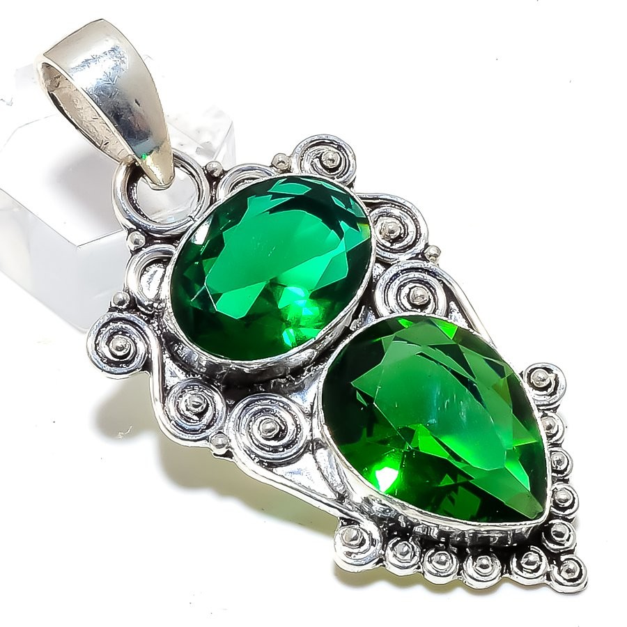 Tsavorite Quartz Gemstone 925 Sterling Silver Pendant 2.3" M646