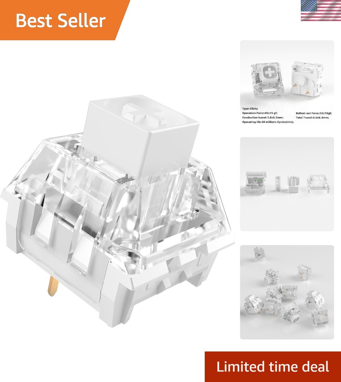 Box White Mechanical Keyboard Switches,3-Pin 45gf Clicky/Speed Typing/Gaming/...