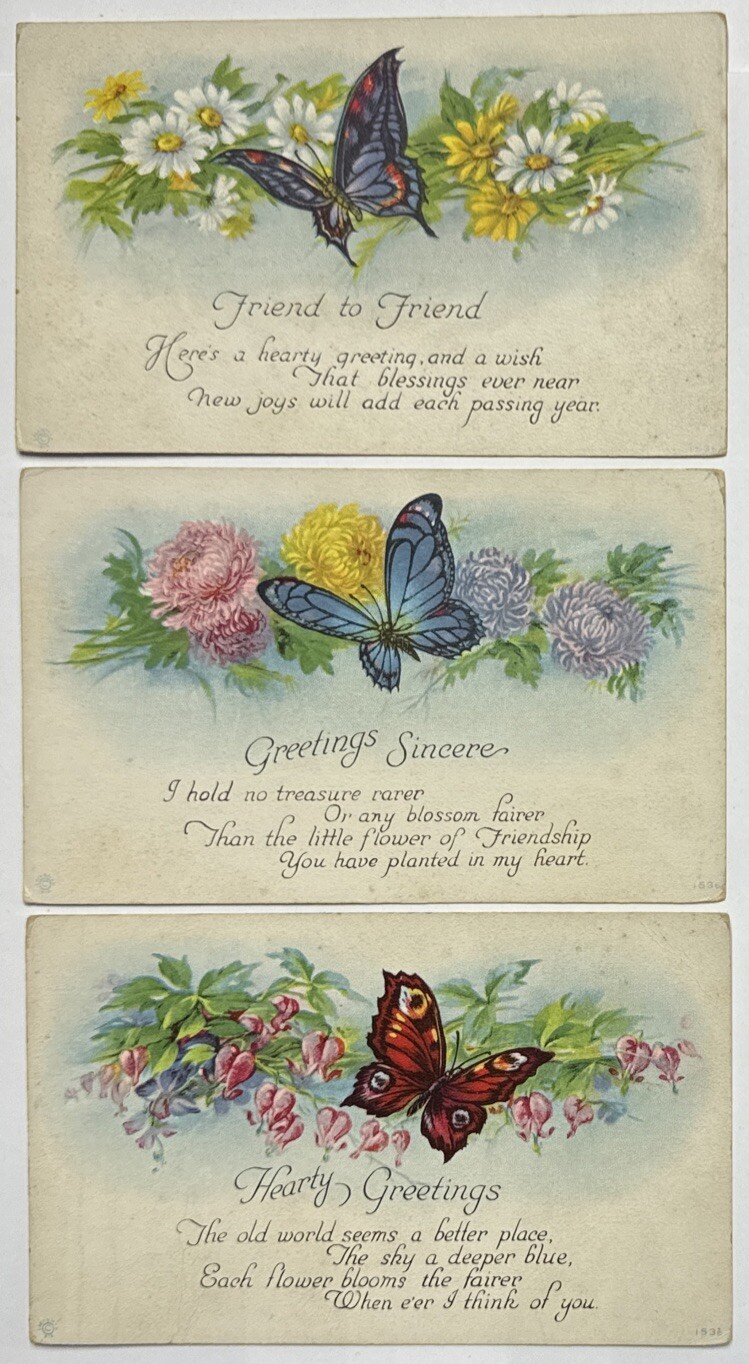 Antique Greetings Postcards x3 Butterfly and Flowers Theme Early 1900s Unused