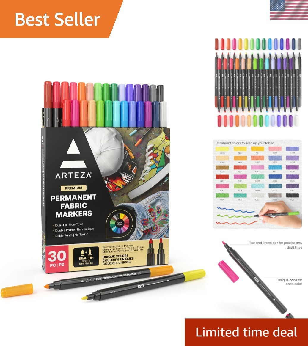 Assorted Fabric Markers - 30 Dual-Tip Permanent Pens for Creative Projects