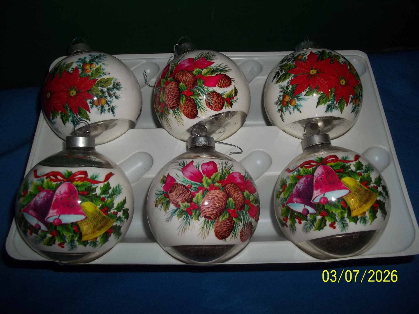 Box of 6 Vintage Owens Corning Glass Christmas Ornaments Wrapped