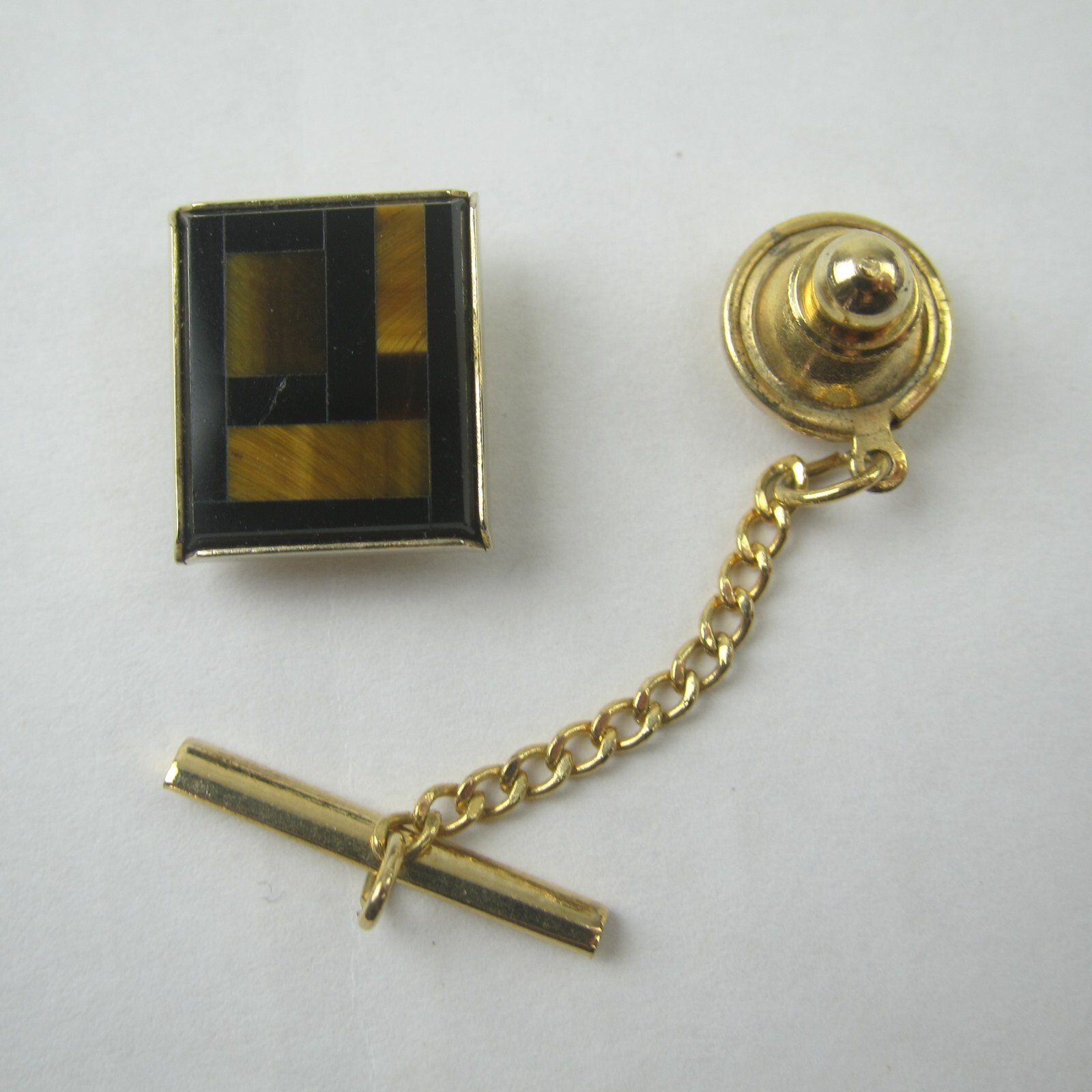 Vintage Tiger Eye Tie Tack Lapel Pin Rectangle Gold tone Chain Tie Bar