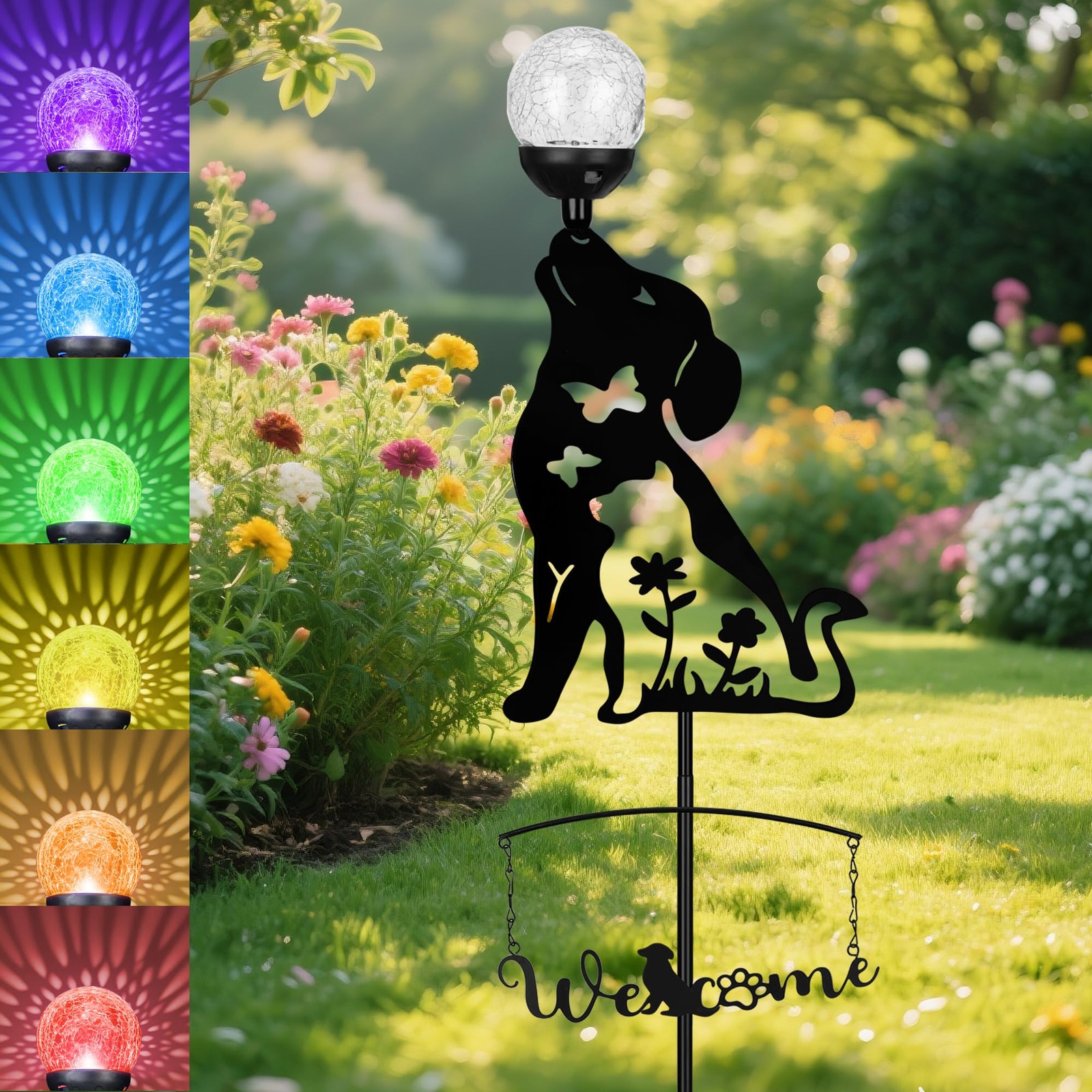 Solar Dog Light Outdoor Decorative,Metal Black Dog&Cat Silhouette Solar Garde...