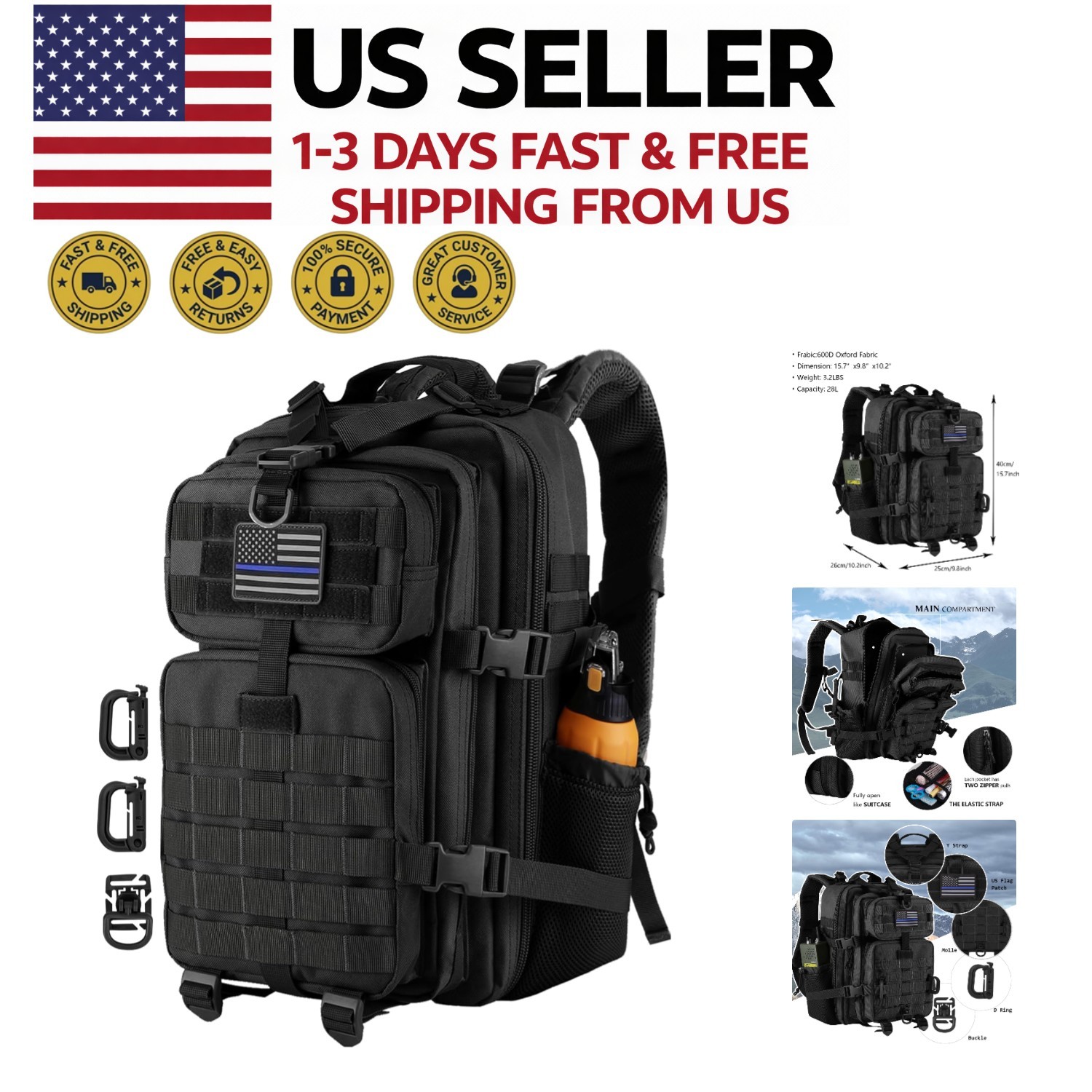 30L MOLLE Tactical Backpack Military Assault 3-Day Pack Black