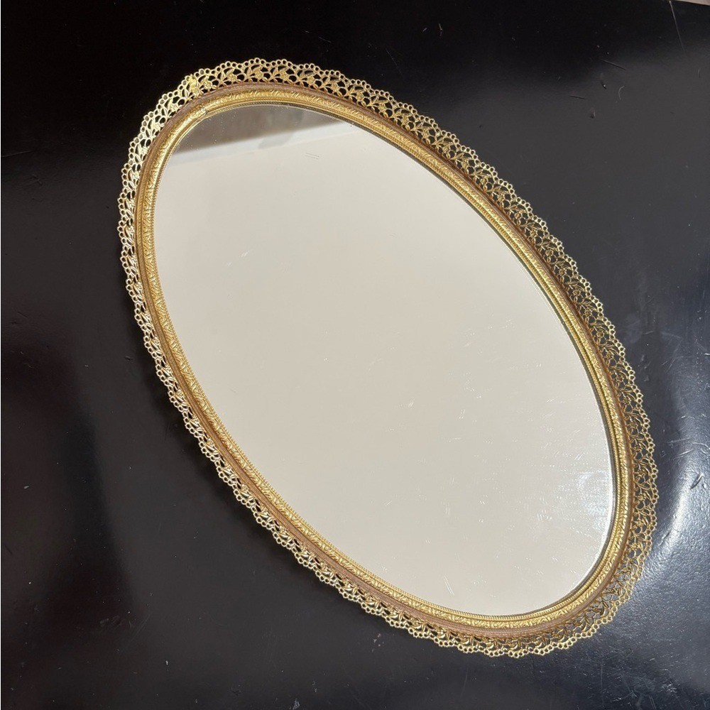 Vintage Gold Filigree Oval Vanity Mirror Tray Hollywood Regency Dresser Decor