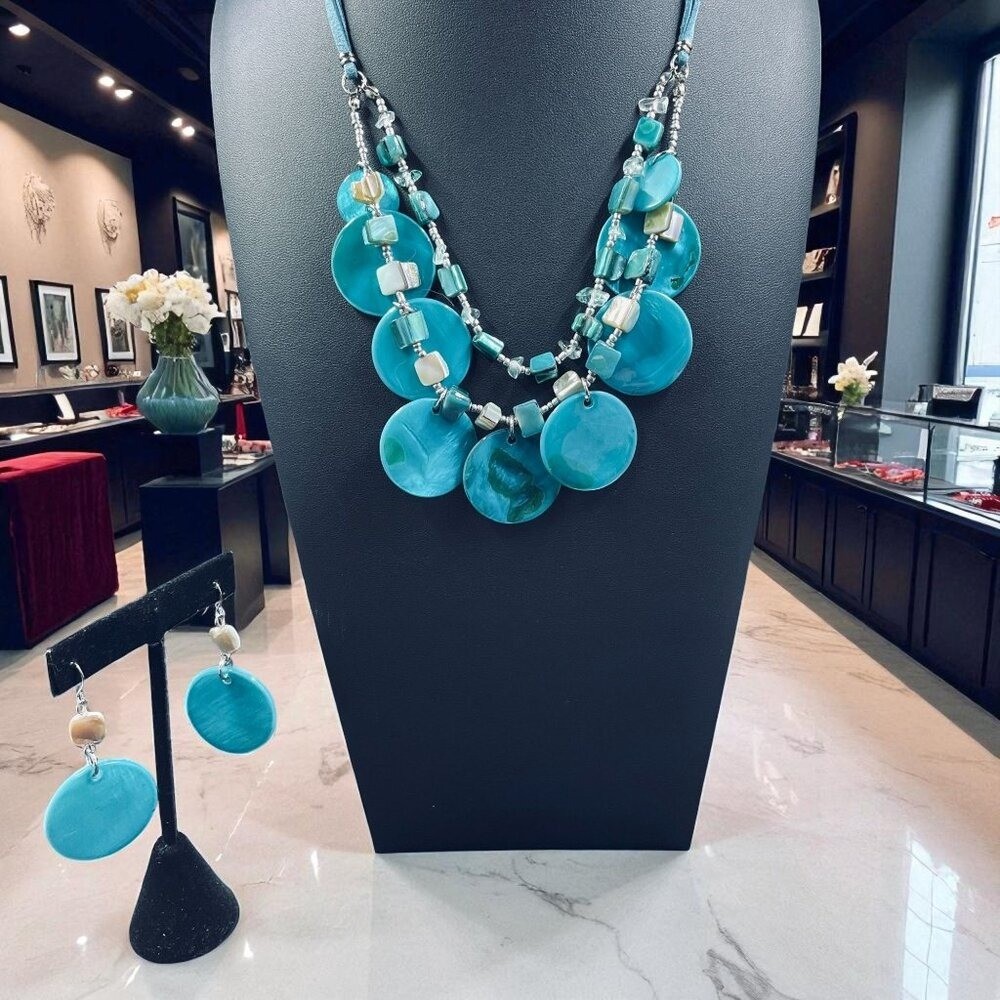 Boho Chunky Turquoise Shell Statement Necklace Earrings Set Handmade Unique