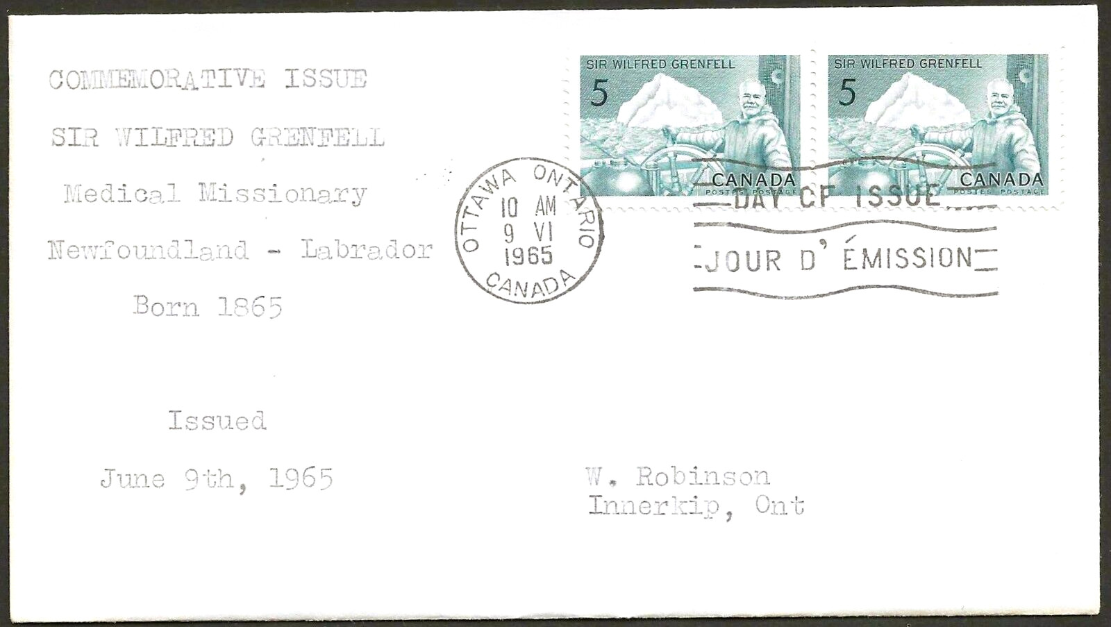 🍁Canada  #438 Pair  "Sir  Wilfred Grenfell"   Fine Used  1965  First Day Cover